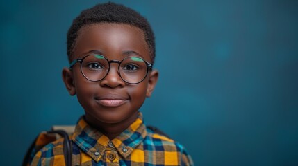 portrait of African-American schoolboy 8-10 years old wearing glasses with a school bag on his shoulders and books in his hands ,studio shooting blue background. copyspace