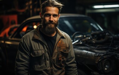 A man with a beard stands in front of a car. He is wearing a grey jacket and a black shirt