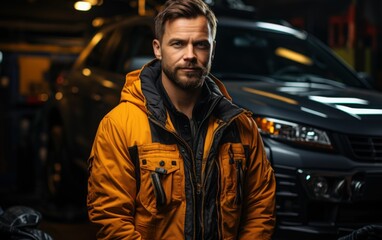Obraz premium A man in a yellow jacket stands in front of a grey car