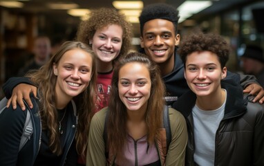 Obraz premium A group of young people are smiling for the camera. They are all wearing backpacks and jackets