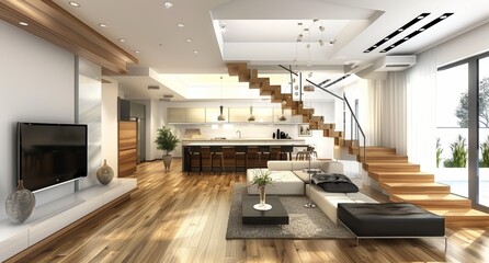 diseño interior de salón con cocina 