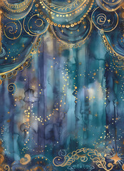 open curtain night sky with stars in blue and purple for junk journal, watercolor and ink design for printing paper, craft art, scrapbooking and poster. 8x11 in.