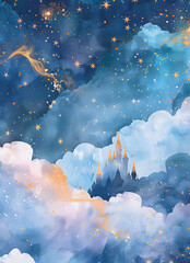 Castle in the sky with starry night sky.watercolor and ink design for printing paper, junk journal, craft art, scrapbooking and poster. 8x11 in.