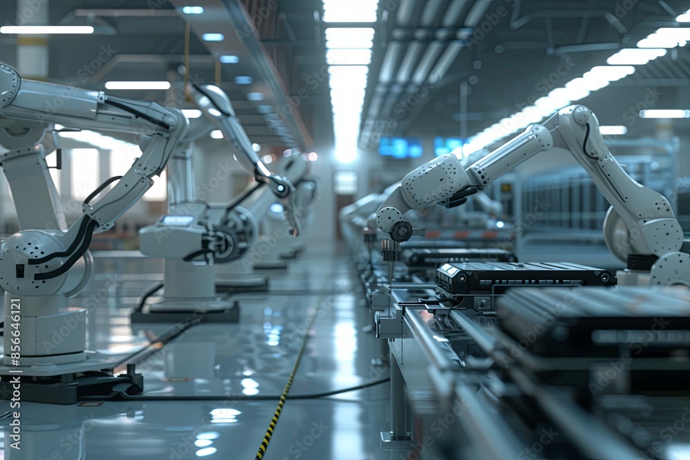 Poster Automated robotic arms work on a production line, assembling products in a clean and efficient manufacturing plant. Generative AI
