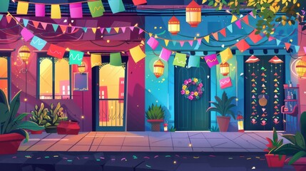 Ornamental Arabic lantern with burning candle glowing at night and glittering golden bokeh lights. Festive greeting card, invitation for Muslim holy month Ramadan Kareem. Dark background.