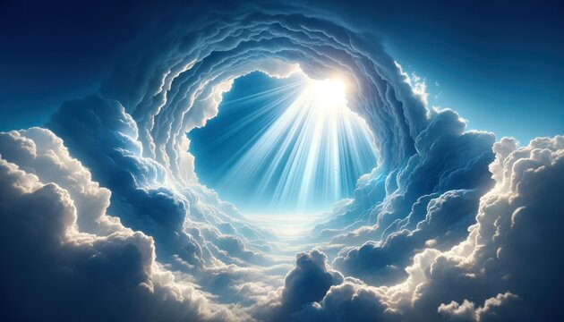 clouds form a perfect circular opening, revealing radiant beams of sunlight
