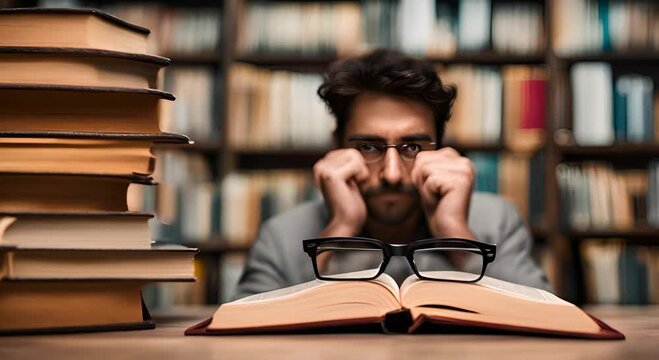 A man reads a book in the library that depicts a bookworm