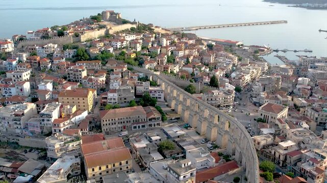 Kavala Greece City Center and Old Town Fortress Aerial Point of Interest Shot
