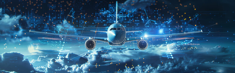 A futuristic airplane flies through the sky, surrounded by swirling digital clouds and a network of glowing cities