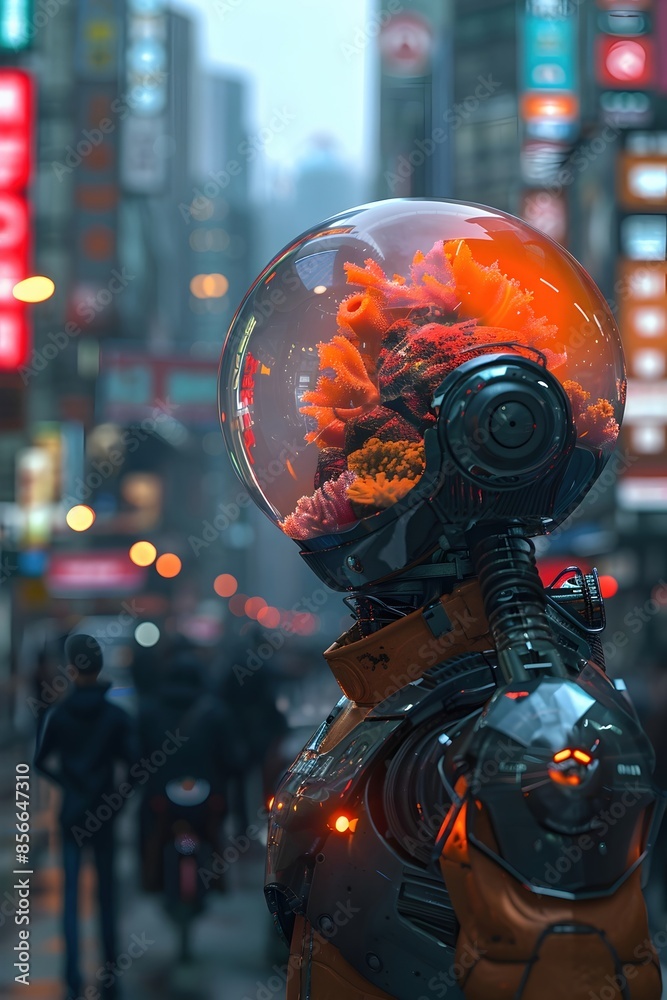 Sticker Bionic Fish-Headed Cyborg Navigating a Futuristic Neon-Soaked Metropolis