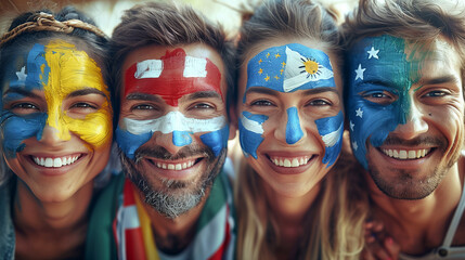 Four friends smile brightly at the camera, their faces painted with various flags. Their cheerful expressions capture the joy and camaraderie of a festive celebration