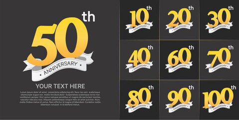 anniversary logotype set vector, yellow color and white ribbon for special day celebration