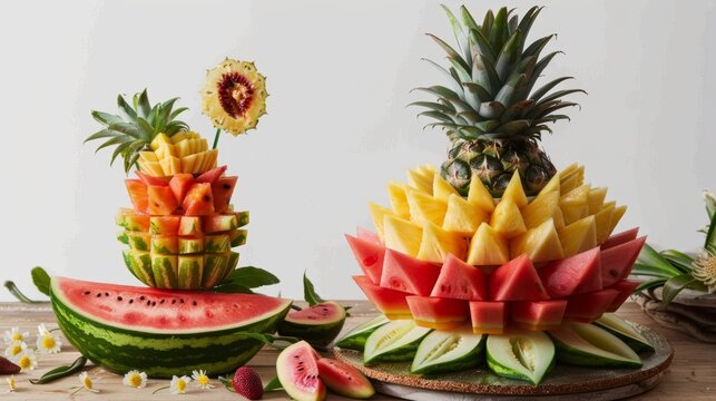 A masterful display of fruit carving featuring a multilayered pineapple tower with intricate designs and a watermelon boat filled with slices of juicy watermelon.