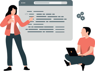 Boy and girl are talking about coding web page.