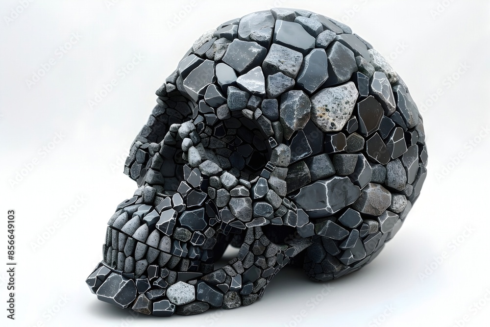 Poster Sculpted Skull Mosaic with Dramatic Lighting in Minimalist Rendering