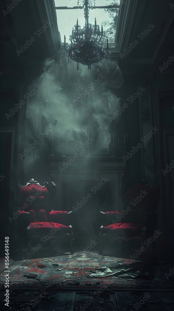 Wall mural Sinister Shadows Cloaking the Decaying Grandeur of a Haunted Mansion in Chiaroscuro Splendor