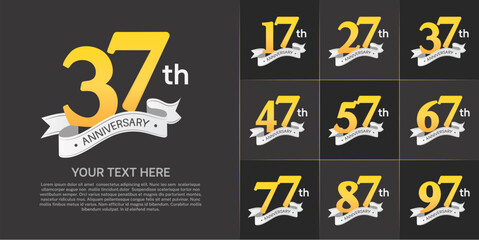 anniversary logotype set vector, yellow color and white ribbon for special day celebration