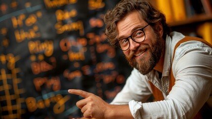 A happy teacher pointing at a chalkboard with math equations on a black background banner for copy space