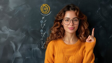  A happy teacher pointing at a chalkboard with math equations on a black background banner for copy space