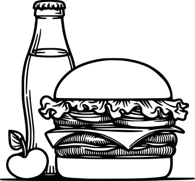 recommend clip art: Continuous one line drawing burger fast food French fries hamburger a glass of soda vector illustrations generated by Ai