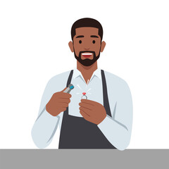 Young man Jeweler Holding Diamond And Using Loupe Glass. Flat vector illustration isolated on white background