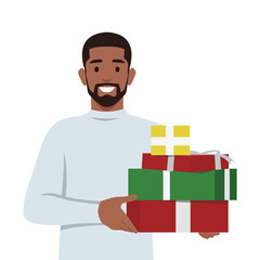 Young man received present with love, holding a pile of presents. Flat vector illustration isolated on white background