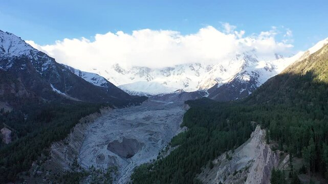 Flight over Raikot Glacier toward Nanga Parbat Mountain