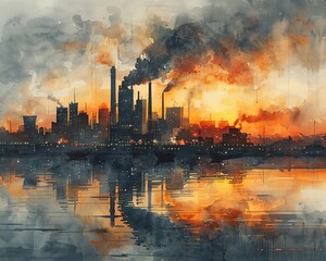 Fototapeta premium A dramatic showing an industrial factory emitting smoke against a vibrant sunset, with reflections on a body of water.