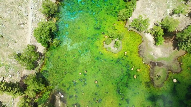 Flight over Bashkiri Lake (Rainbow Lake) in Naltar Valley in Northern Pakistan