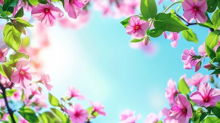 Fototapeta premium impatient flowers frame with sky background copy space for text