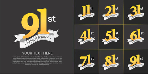 anniversary logotype set vector, yellow color and white ribbon for special day celebration