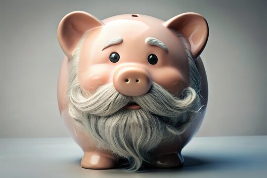 old piggybank with withe beard. Pension fund saving concept