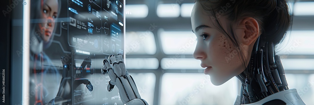 Leinwandbilder a humanoid robot with a touchscreen interface interacts with a human in a sleek, modern setting. the