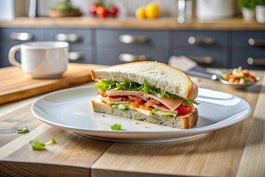 half bitten slice of sandwich on white plate. Skipping breakfast 