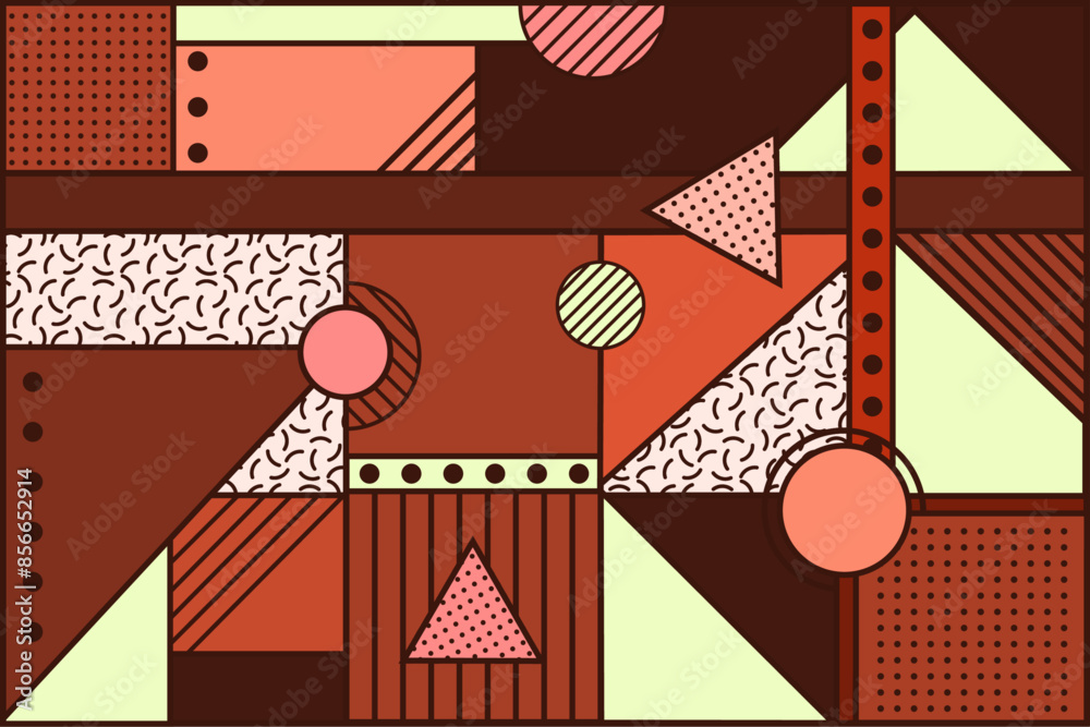 Poster Circles and triangles, abstract background. The red background is woven from rectangular elements and there are geometric shapes on top.