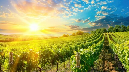 Naklejka premium Vineyard at Sunset with Golden Sky