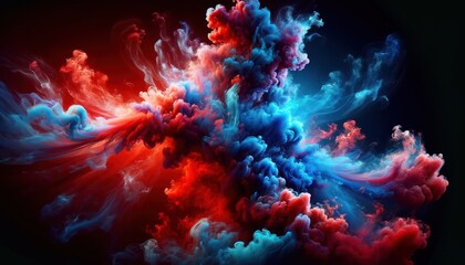 vibrant clash of nebulous forms, where smoky tendrils in vivid shades of blue and red