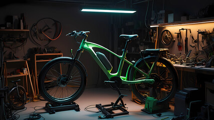 Electric bicycle in futuristic workshop with workbench and tools, illuminated by green LED light