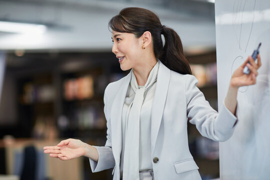 ホワイトボードを使い会議をするビジネスウーマン