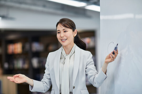 ホワイトボードを使い会議をするビジネスウーマン