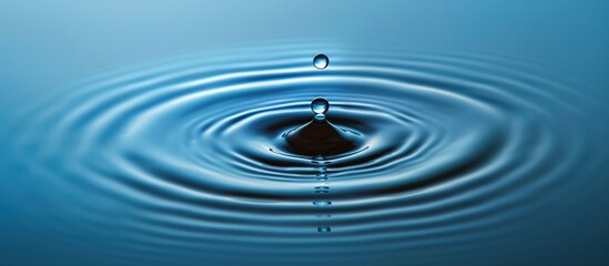 Water drop falling in water, creating ripples and reflections.