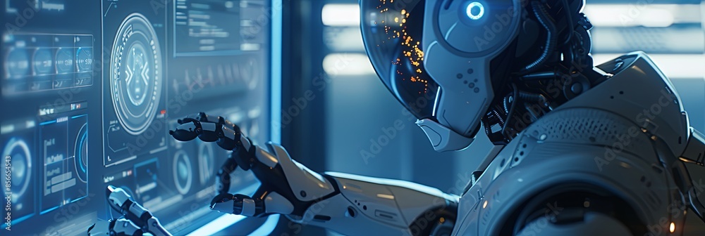 Aufkleber A futuristic humanoid robot interacts with a touchscreen interface in a sleek, modern setting. Generative AI