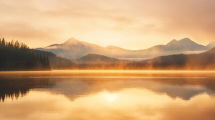 Obraz premium Sunrise over calm lake with mountains