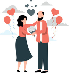 An elderly couple carries a bouquet of flowers.