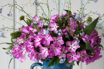 spring floral background, bouquet of primroses and forget-me-nots in close-up.