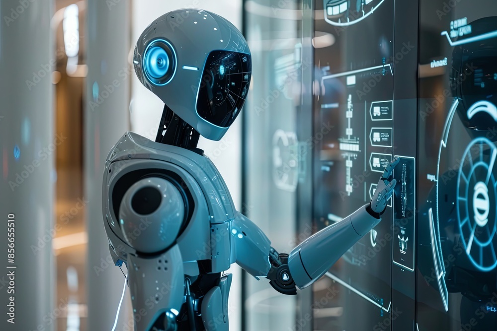 Poster white humanoid robot with a touchscreen, interacting with human in modern setting. hand on screen sh