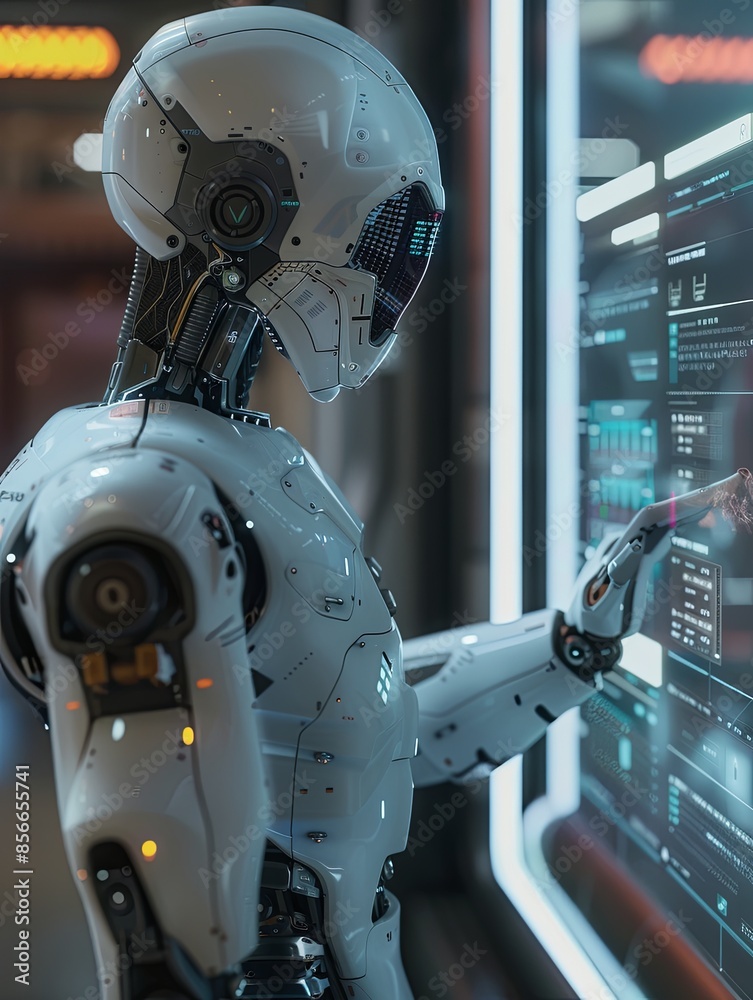 Poster A humanoid robot interacts with a touchscreen interface in a sleek, modern environment. The robots advanced features are on display as it engages with the digital technology. Generative AI