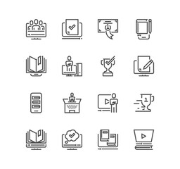 Set of online education related icons, online course, audio book, distance study, video tutorial, lecture, education plan and linear variety vectors.
