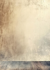 Fototapeta premium A weathered wall and wooden floor create a rustic and minimalist setting, evoking a sense of nostalgia and simplicity with its aged and distressed surfaces.