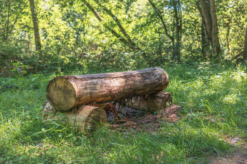 Asiento hecho de troncos en el bosque  © Oliver Freixas